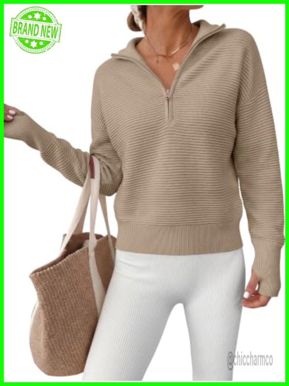Long Sleeve Quarter Zip Cropped Ribbed Knit Sweater